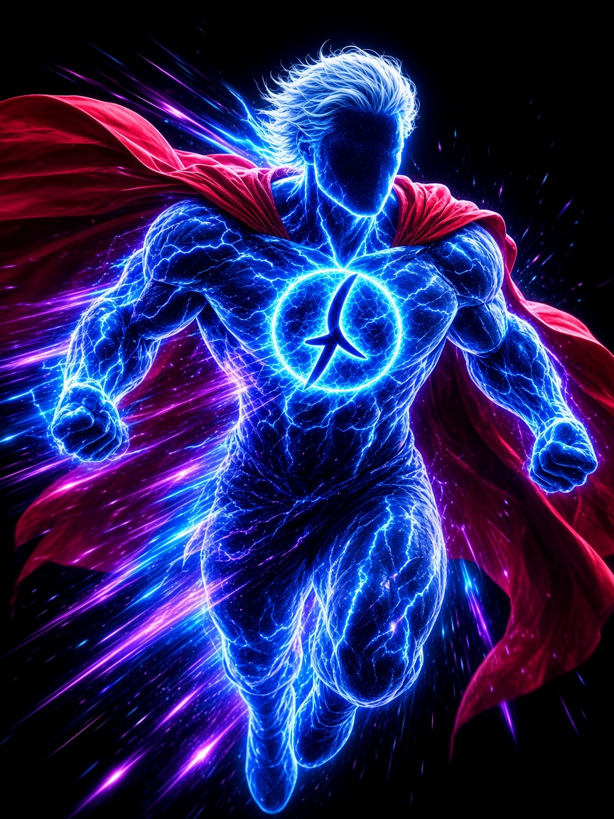 Super Accelerationism figure in a red cape, running through light